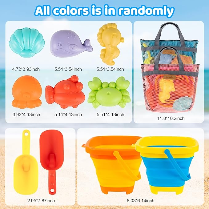 Beach Sand Toys for Kids with 2 Collapsible Beach Sand Buckets, Big Size Sand Molds, 2 Mesh Shell Bags, Shovels Toy Set Summer Travel Beach Essentials Sandbox Outdoor Toys for Toddler Ages 3-10