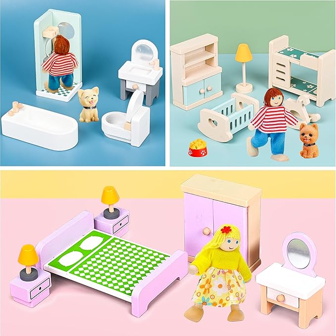 36PCS Wooden Dollhouse Furniture Set with 4 Flexible Family Dolls - 5 Room Realistic Doll House Accessories for Toddlers 3 4 5 6 , Pretend Play Toys Gift for Birthday and Christmas