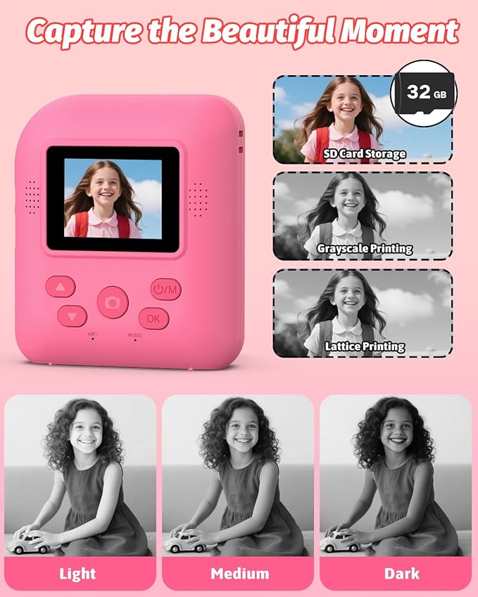 Kids Camera Instant Print Photo, Portable Thermal Printing Camera Toy with HD Digital Video, for 3-12 Years Old Boys Girls, Creativity & Learning (Rose Red)