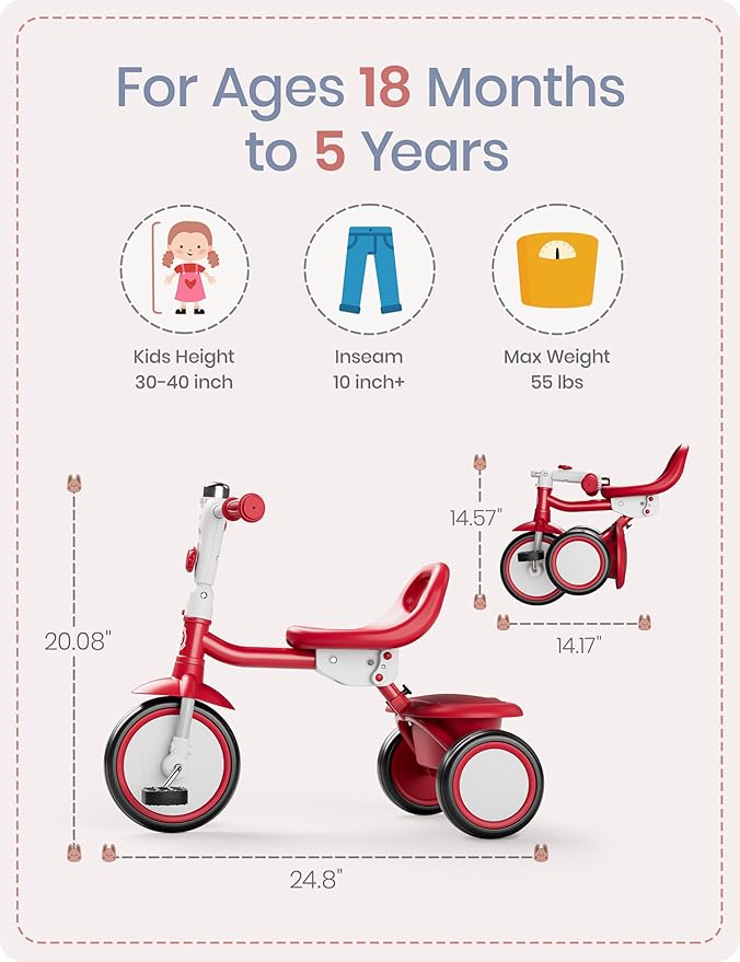 besrey Toddler Tricycle with Bell, Kids Tricycle Age 18 Months to 5 Years, Kids Trike, Toddler Bike for 1.5-5 Year Olds, Baby Trike, Gifts & Toys for Boys & Girls, New Red