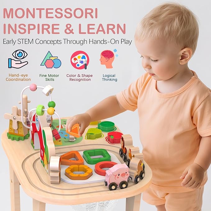 Kids Wooden Farm Activity Table for 1 2 3 Years Old, Montessori Learning Toy with Bead Maze, Shape Sorter & Animal Train, Sensory Development Toy for Toddlers, Educational Gift for Baby Boys Girls 1+