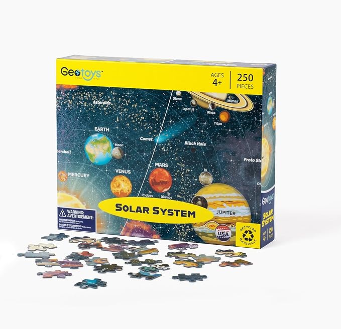 Geotoys Solar System Puzzle for Kids - Space Puzzle for 4+ Year Old, Includes Planets, Stars, and More - 250 Piece Puzzles for Kids - Made in The USA Vibrant Educational Jigsaw Puzzles
