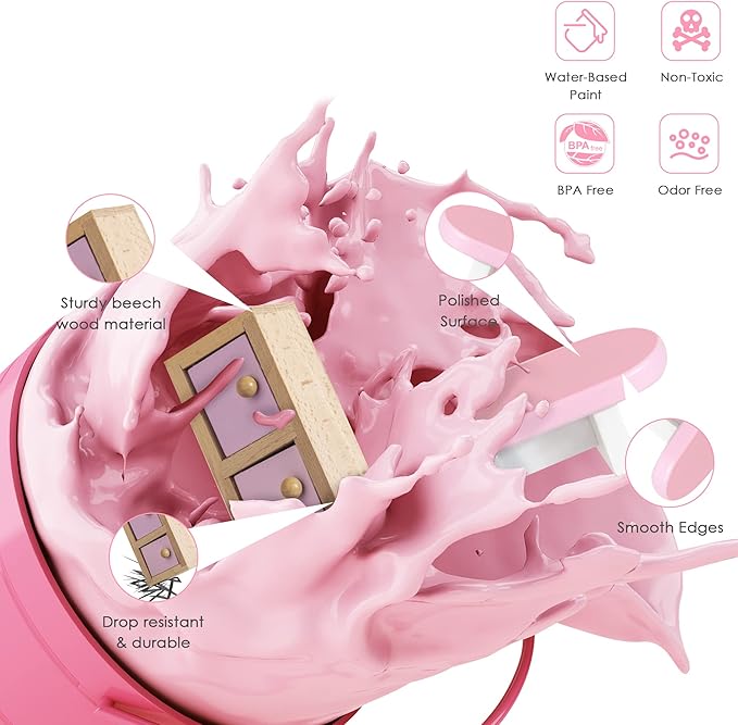 Wooden Dollhouse Furniture Set, 22 Pcs Miniature Dollhouse Accessories Including 5 Room Kits, Little People House Furniture, Doll House Furniture Toys Gift for Girls Boys Age 3+