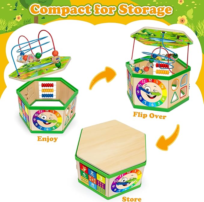 Wooden Activity Cube for 12-18 Month, 1 Year old Boys & Girls, 7-in-1 STEM Montessori Early Developmental Learning Toys for Kids Aged 1-2, Ideal 1st Birthday Gift Toys for Baby, Toddlers (Pink)