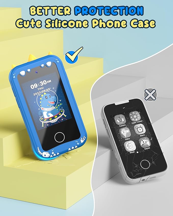 UCIDCI Dinosaur Kids Smart Phone Toys for Boy Dual Camera & Music Player Toddler Selfie Phone Toys Road Trip Toys with Learning Games, Christmas, Birthday Gifts for 3 4 5 6 7 Year Old Blue