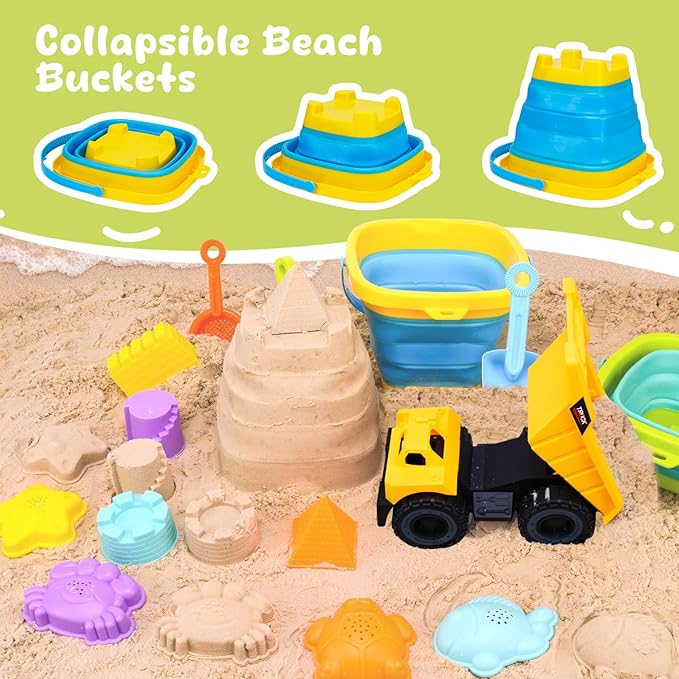 Beach Sand Toys for Toddler 1-3 with Trucks, 2 Collapsible Beach Toys for Kids Ages 4-8, Sandbox Toys for Toddler, Collapsible Beach Sand Buckets with Castle Sand Molds Shovels