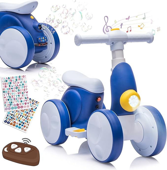 Electric Baby Balance Bike with Bubble Machine for 1 Year Old Boys Girls 4 in 1 Toddler Balance Bike 12-48 Month Kids Bubble Bike Ride Toys First Birthday Gift with Powered Motor,Music,LED Lights