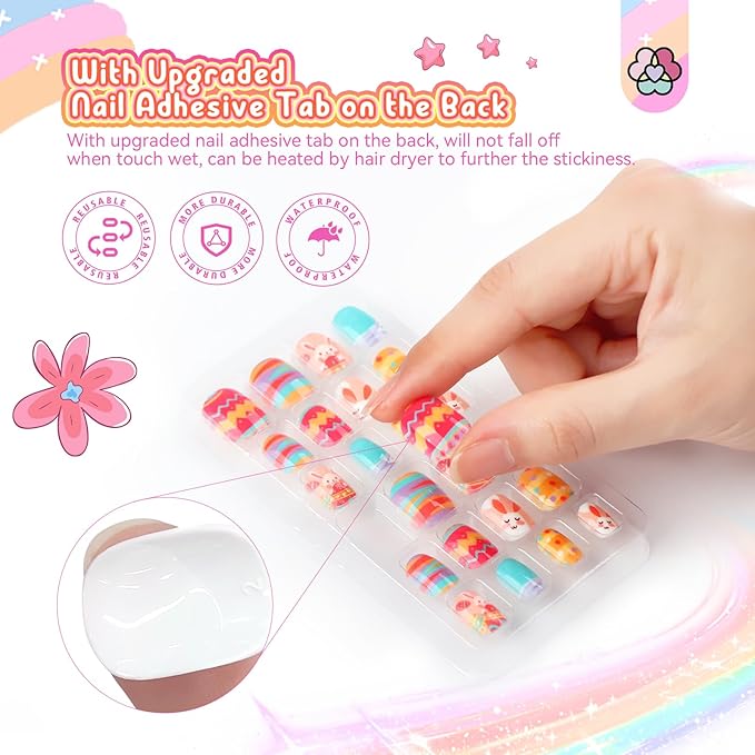 SAVILAND Press on Nails for Kids 7-day Styling: 168PCS Kids Press on Nails for Girls Colorful Patterns Full Cover Short Square Fake Nails False Nail Art Set Christmas Easter Gifts 8-12 Years Child