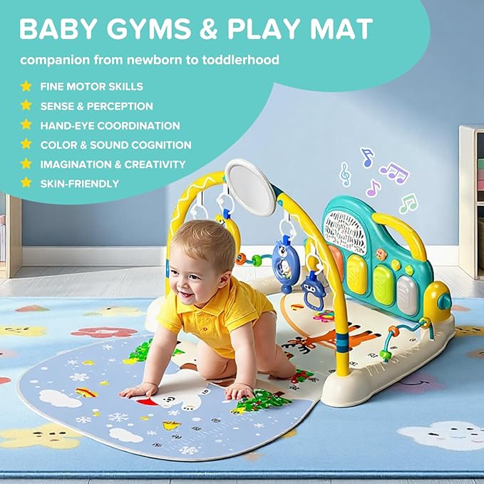 Baby Play Mat Kick and Play Piano Gym，Baby Floor Play Gym Tummy Time Mat，Baby Activity Mat with Music Lightsat and Sensory Toys Boy & Girl Gifts for Infant Newborn 0 to 3 6 9 12 Months (Blue)