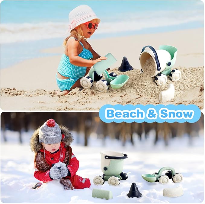 Asweets Beach Sand Toy Set Include Shovel, Bucket and Sandcastle Mold, Organic Green Plastic Travel Beach Sand Toys for KidsIdeal, Gift for Boys and Girls