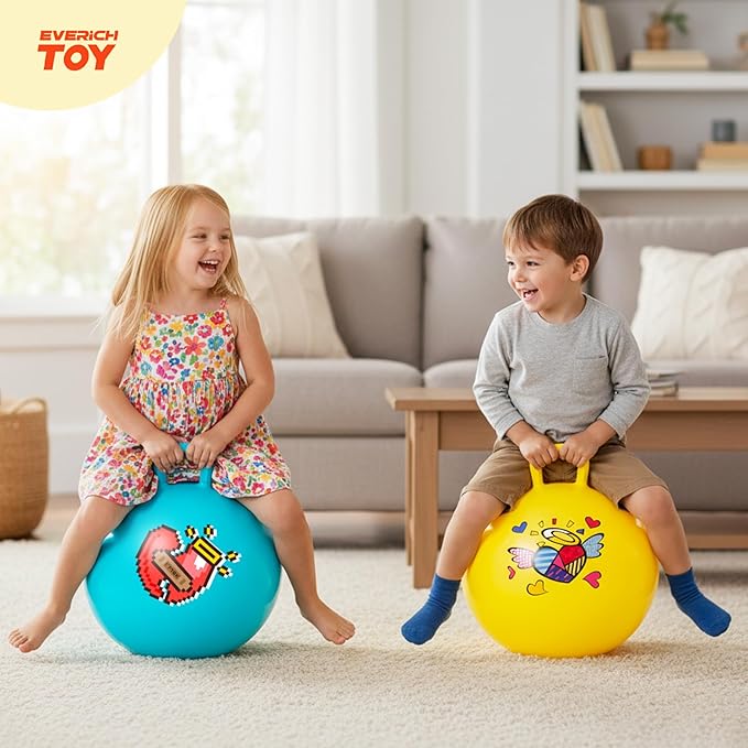 EVERICH TOY 2-Pack Hopper Ball for Kids, 18In Hippity Hop Balls, Yellow & Blue Bouncy Ball with Handle, Indoor Outdoor Inflatable Hopping Toy sfor Girls Boys Gift with Pump