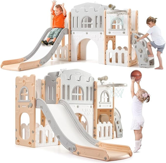 8 in 1 Toddler Slide Playset, Toddler Indoor Playground for Kids 1-3, Baby Outdoor Indoor Playset with Slide, Climber, Tunnel, Basketball Hoop, Toy Storage and Telescope for Toddlers Age 1-3