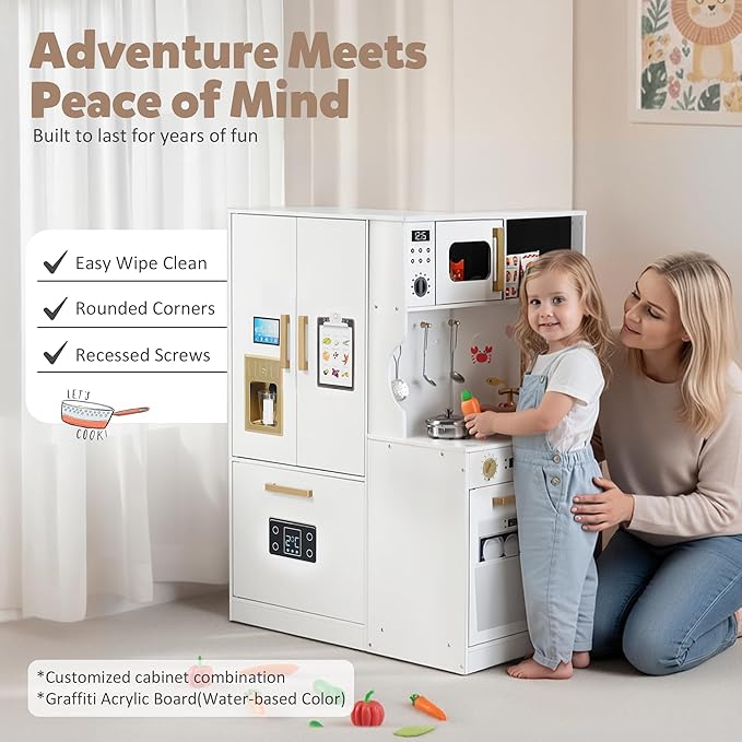 Play Kitchen Sets for Kids, Pretend Wooden Kids Kitchen Playset, Interactive Toy Kitchen with Freezer, Washing Machine, Ice Maker & Large Storage Space, for Boys Girls Ages 3+, White