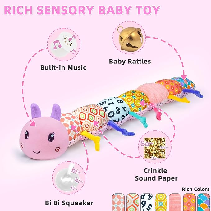 Baby Infant Musical Toy Soft Stuffed Animal Toy with Multi Textures,Rattle,Crinkle,Newborn Baby Toy for 0 3 6 9 12 Months Girls Boy Gift,Caterpillar，Pink