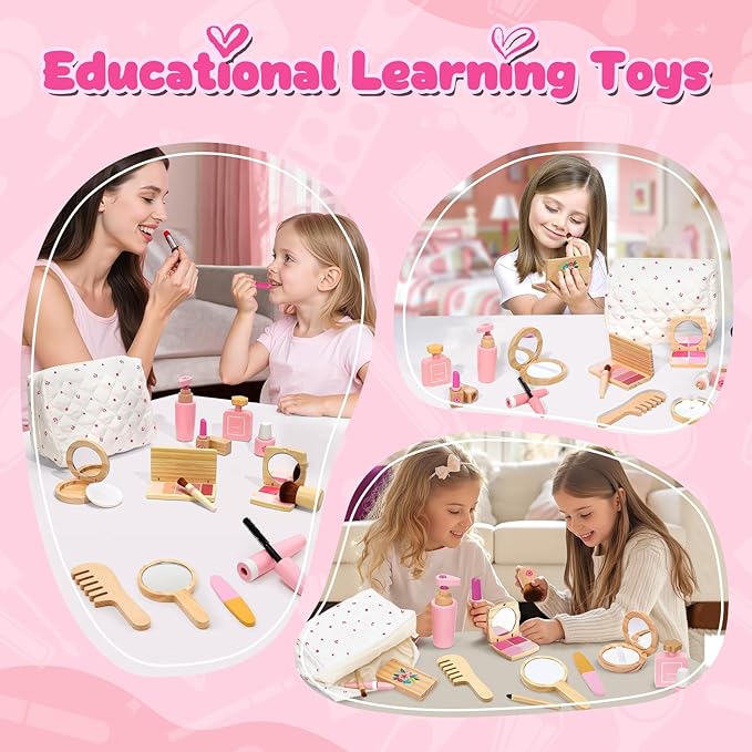 Wooden Makeup Toy Set for Toddler [2026] Play Makeup Kit for Girls 3-5 with Pretend Wood Lipstick/ Mirror/ Brushes/ Cosmetic Set Beauty Girl Birthday Gift Age 3 4 5 6