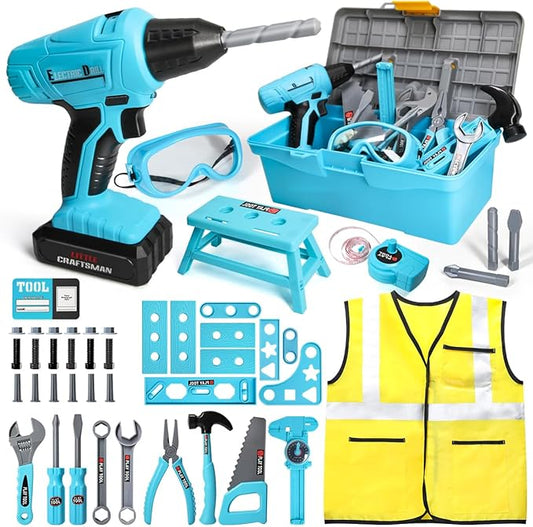 LOYO Kids Tool Set - 50 PCS Pretend Play Toy Box with Construction Vest and Electronic Drill Set for Toddlers Boys Ages 3-7 Years Old Christmas Birthday Gift (Blue)