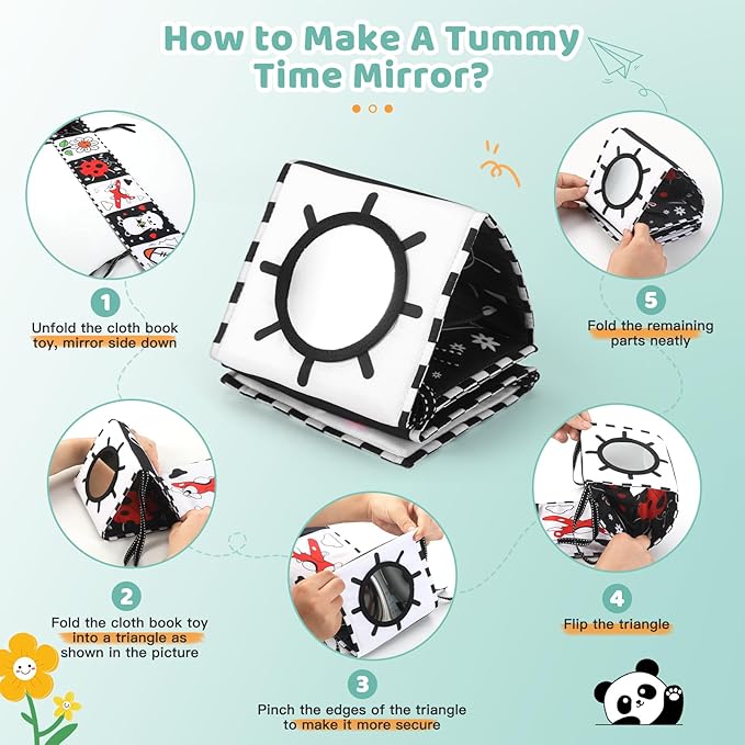 High Contrast Baby Book with Tummy Time Mirror & Contrast Cards | Black and White Visual Stimulation for Newborns 0-6 Months & Infants | Interactive Learning Gift, Baby Shower Essential