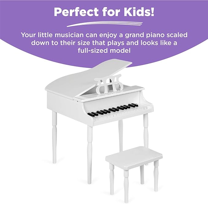Best Choice Products Kids Classic Wooden 30-Key Mini Grand Piano Musical Instrument Toy w/ Piano Lid, Bench, Foldable Music Rack, Song Book, Note Stickers, Enamel Finish - White