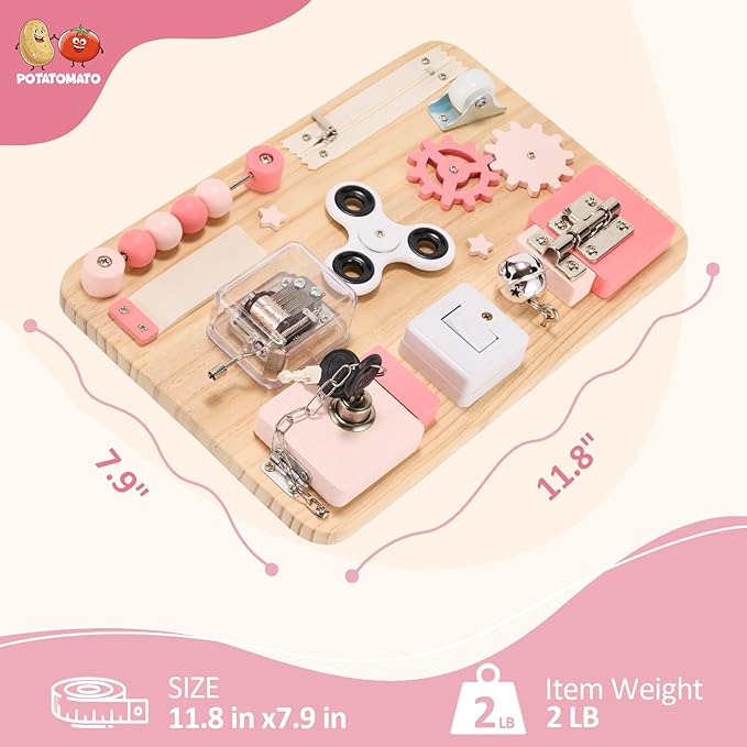 Potatomato Pink Montessori Wooden Busy Board – Sensory Fine Motor Skill Toy for Toddlers – Educational Activity Board for Kids – Travel Fidget Toy for Girls & Boys – Birthday Gift for Autism & ADHD