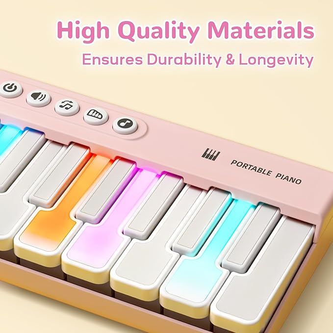 iPlay, iLearn Kids Mini Piano Toy W/Rainbow Lights, Toddler Pocket Travel Piano Keyboard for 1-3, Portable Musical Instrument Toys, Music Interactive Birthday Gift 2 4 5 6 Year Old Boy Girl Child-Pink