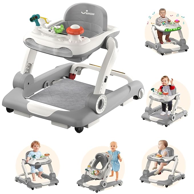 5 in 1 Baby Walker, Activity Baby Walker-Baby Bouncer, Rocker, Activity Center,Seat and Push Walker,Detachable Trampoline Mat, Adjustable Speed Rear Wheels and Height,Ages 6-18 Months
