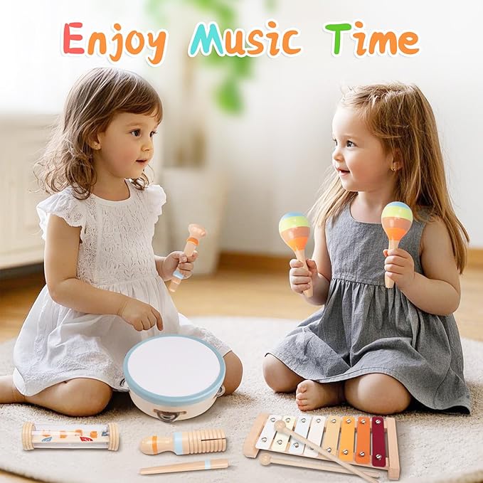 Toddler Musical Instruments Sets, Montessori Wooden Percussion Educational Baby Musical Toys Xylophone Maracas Tambourine for 2 3 4 Year Old Girls Boys Christmas Stocking Suffers Gifts for Kids
