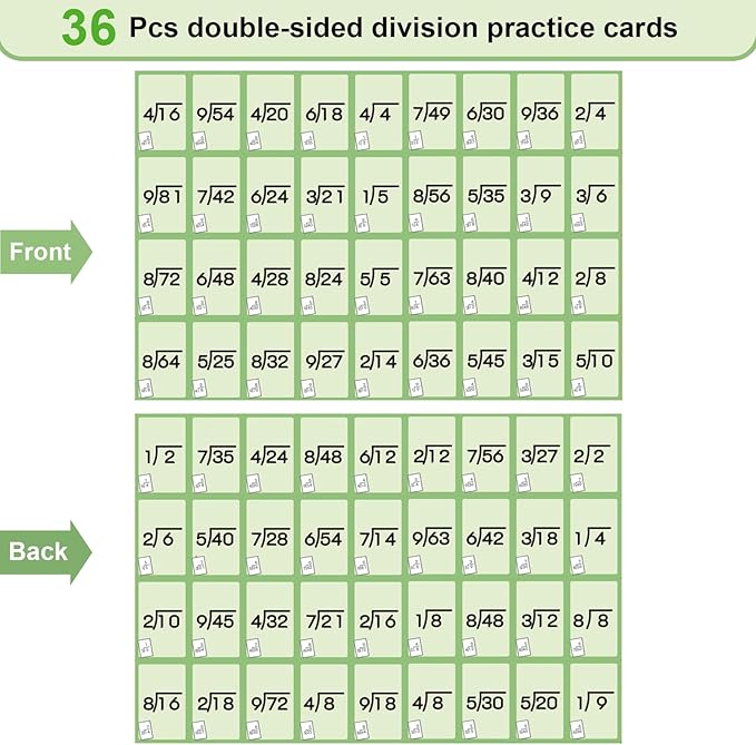 1-12 Math Flash Cards with 6 Dry Erase Pens, 15Pcs Big Division Flash Cards + 36 Pcs Random Double-Sided Division Practice Cards, Educational Math Flashcards for Kids Ages 6+