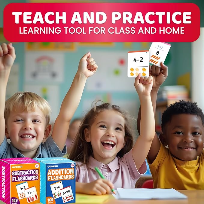 QUOKKA Addition & Subtraction Flash Cards Set for Kids Ages 4-8 – 338 Jumbo Math Flash Cards with Visual Aids, Sorting Rings & Reference Cards – Math Games for Kids 1st to 3rd Grade Classroom & Home