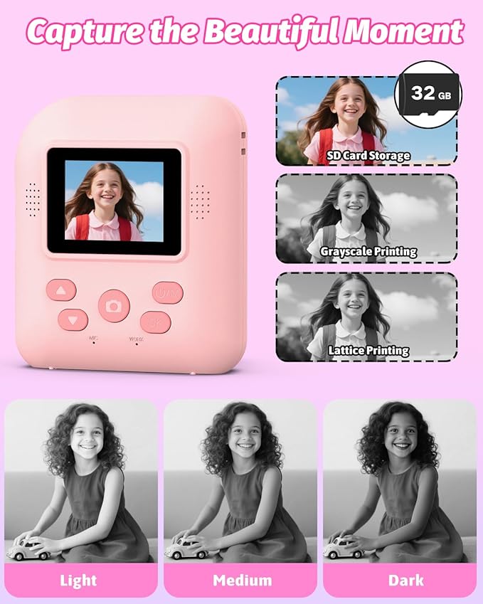 Kids Camera Instant Print Photo, Portable Thermal Printing Camera Toy with HD Digital Video, for 3-12 Years Old Boys Girls, Creativity & Learning (Pink)
