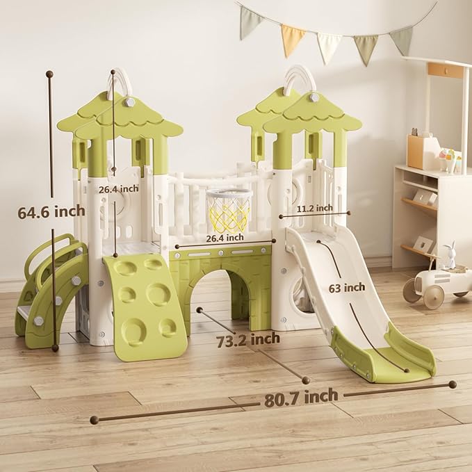 KORIMEFA 9-in-1 Toddler Slide, Kid Slide for Toddlers Age 1-3, Basketball Hoop, and Telescope, Indoor Outdoor Slide Toddler Playset Toddler Playground, Forest Themed Green