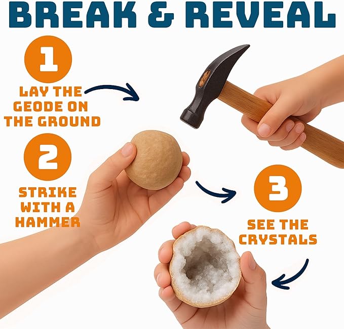 Break Your Own XL Geodes Kit for Kids – 3–4 Large Natural Crystal Geodes (3.5–4.5”) with Magnifying Glass & Learning Guide – STEM Science Rock Kit – Gift-Ready Educational Set for Kids Ages 6–12
