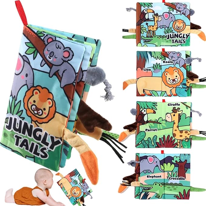 Soft Baby Books, Tummy Time Cloth Toys 0-6 Months Touch Feel Sensory Book Jungle Tails for Babies Girls 6 to 12 Month 0-3-4-5-6-7-8-9, Newborn Infant Boy Christmas Toy Gifts Stocking Stuffers