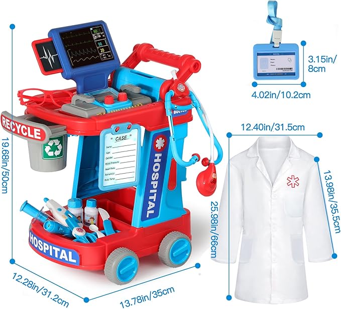 Doctor Kit for Toddlers 3 4 5, Kids Doctor Cart Toy with Costume & Stethoscope, Medical Pretend Role Play Set for Girls Boys Christmas Birthday Gift