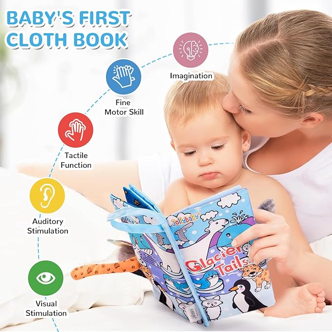 HECCEI Baby Cloth Books Soft Baby Book 0-6 Months Crinkle Books with Tail Touch and Feel Sensory Toys for Infant Tummy Time for 3 Months+, Glacier Tails