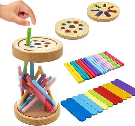 Montessori Wooden Stick Color Sorting Toys for 3 Year Old, Dual Play Educational Preschool Learning Fine Motor Skills Sensory Toys for Toddlers 3-5 Girl Boy Birthday Gifts (Acrylic Bucket)