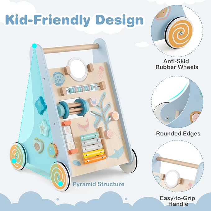 HONEY JOY Baby Push Walker, Wooden Infant Walker Activity Center with Shape Sorter, Develop Motor Skills & Creativity, Push Toys for Babies Learning to Walk, Gift for Boys & Girls