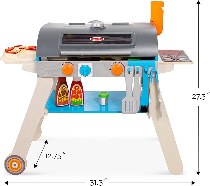 Melissa & Doug Deluxe Wooden Barbecue Grill, Smoker & Pizza Oven, Toy Food & Kids Play Kitchen Accessories, Preschool Learning Toys for Girls & Boys 3+ - FSC Certified