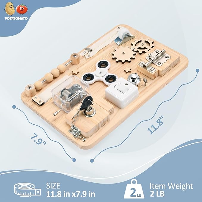 Potatomato Montessori Wooden Busy Board-Sensory Toys for Toddlers Fine Motor Skills-Activity Board for Kids-Educational Fidget Travel Toy for Baby Boy&Girl-Birthday Gifts
