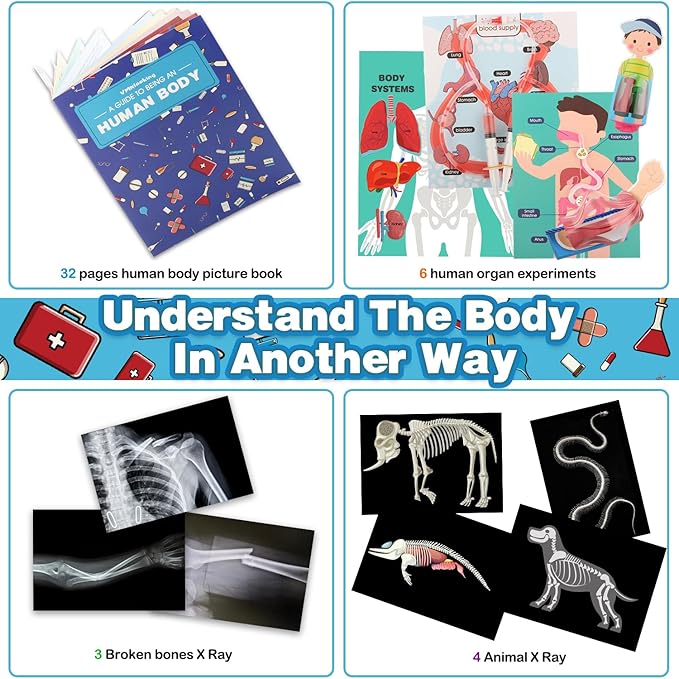 Human Body Activities & Experiments Science Kit for Kids,Human Anatomy Body Parts with Broken Bones X Ray,Lung Breathing Model, Vessels, Digestive System,Muscles Model,Skeleton,Human Organ STEM 5+