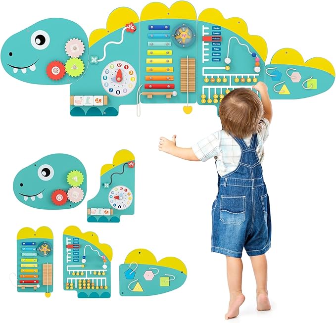 HONEY JOY Dinosaur Activity Wall Busy Board Panels, 11-in-1 Wooden Sensory Wall Panel for Kids, Toddler Learning Activity Center, Ideal for Playroom Daycare Nursery Classroom Dentist Office (Green)