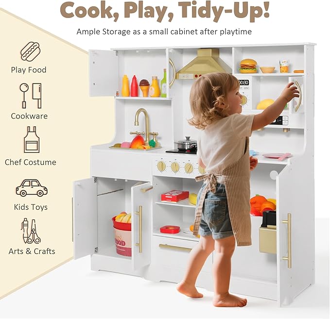 Kids Kitchen Playset, Wooden Play Kitchen with Toy Storage System, Pretend Play Kitchen Set Toy with Range Hood, Ice Maker & Coffee Maker, for Kids Ages 3+, White