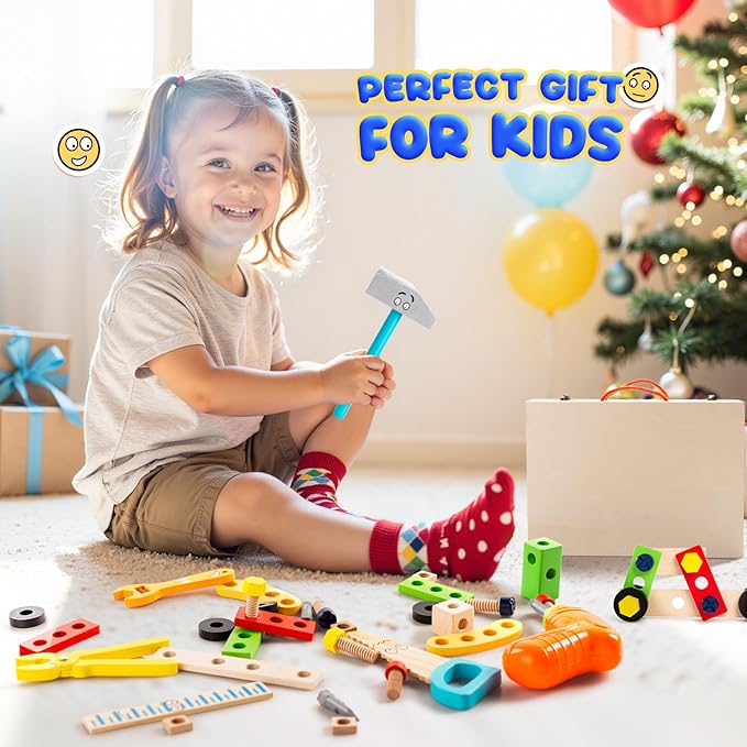 Toddler Tool Set with Drill, Montessori Toys for 3 4 5 6 Years Boys Girls, Toddler Stocking Stuffers, Kids Christmas Toys, 37 Pcs Wooden STEM Construction Learning Pretend Play Games