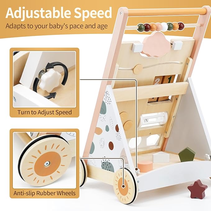 Joyreal Wooden Baby Walker Push Toys - Adjustable Speed Push Walker with Wheels and Learning Activity Center - Neutral Color Montessori Toys for Baby Boys and Girls Birthday Gifts