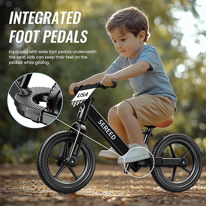 SEREED Toddler Balance Bike 2 Year Old, No Pedal Kids Bicycle Toys for 2-5 Years Old, Tool-Free Adjustment, Customize Plate with Stickers, Gift for 2-3 Boys Girls (Black)