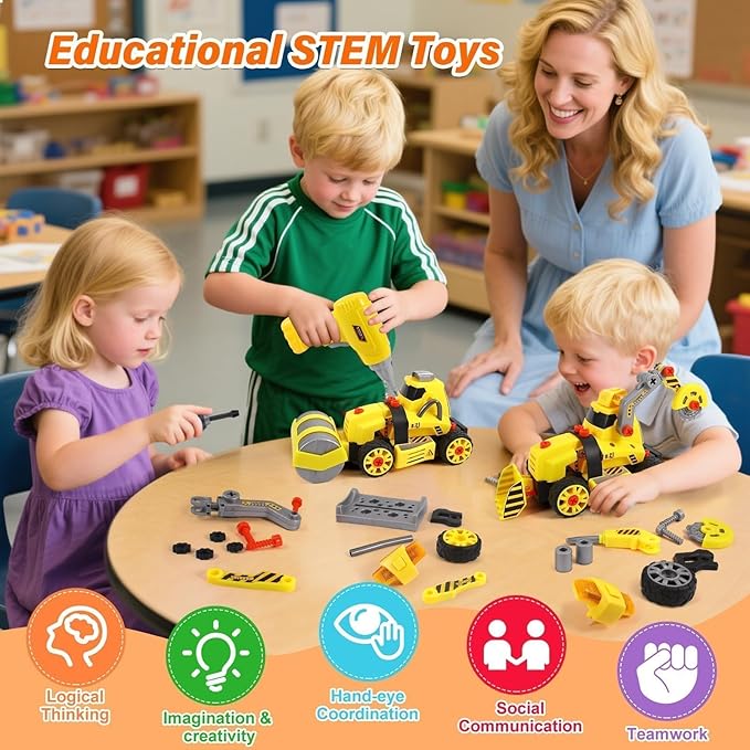 Take Apart Toys with Electric Drill Truck Construction Set DIY Engineering Building Toy Push Go STEM Toy (9 in 3 Take Apart Toys)