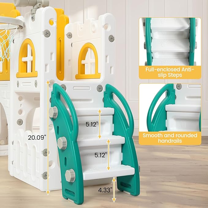 GAOMON 8 in 1 Toddler Slide Indoor Playground, Indoor Slide Toddler Playset for Toddlers 1-3, Kids Outdoor Playground with Slide, Basketball Hoop, Climber, Crawling Tunnel, Telescope, Toy Storage