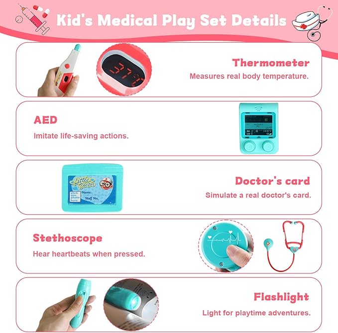 Doctor Kit for Kids 3-5, Toddler Play Set with Rolling Cart, Costume, and Stethoscope, Role Play Kids Doctors Set Educational Birthday Gift for Girls(Pink)
