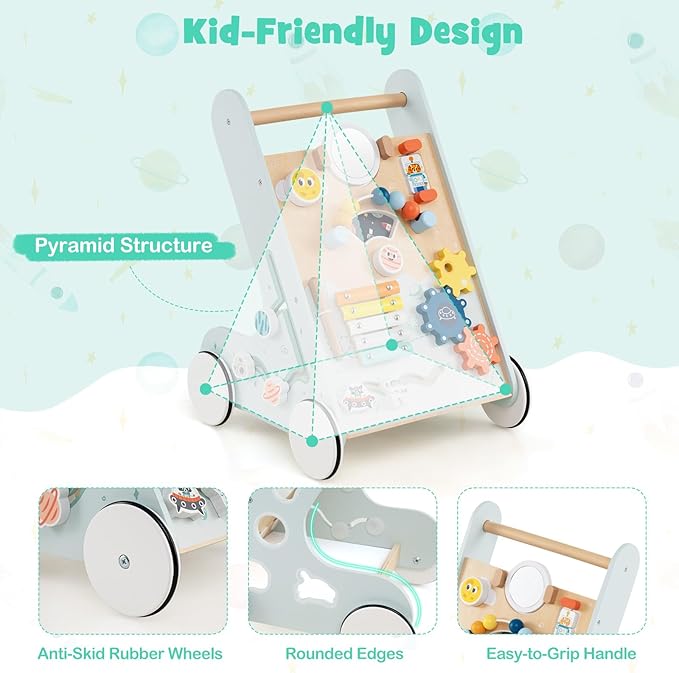 HONEY JOY Baby Push Walker, Wooden Infant Walker Activity Center with Shape Sorter, Develop Motor Skills & Creativity, Push Toys for Babies Learning to Walk, Gift for Boys and Girls, Light Blue