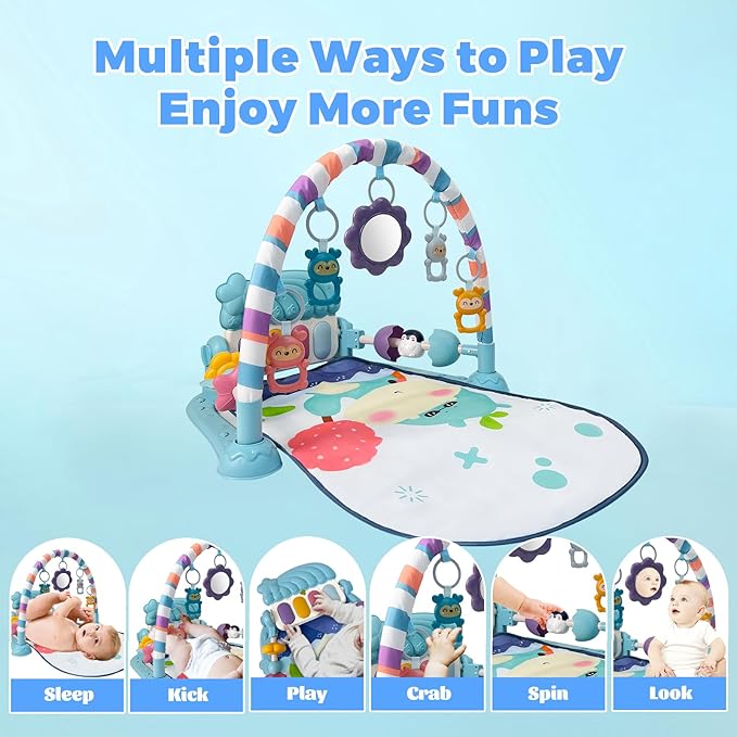 Baby Tummy Time Play Mat, Kick and Play Piano with Music and Light, Activity Gym Center for Newborn Babies Infants Boys Girls 0-3-6-9-12 Months (Blue)