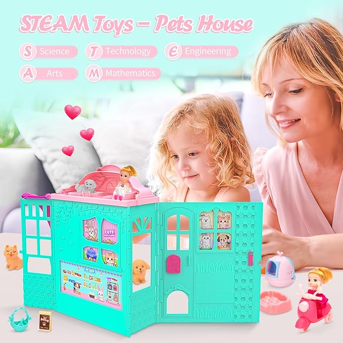 Foldable Pets Dollhouse Toy Play Set, Doll House of Pets with 31+ Accessories Includes Dolls, Motor, Pool, Little Pets, Slide and Sounds, Pretend-Play Toddler Playhouse Ideal Gift for Children aged 3+
